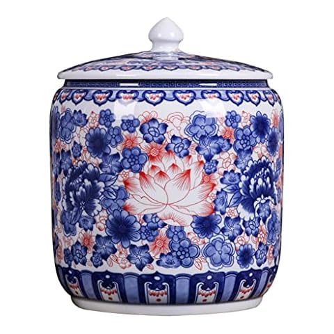 Food Crocks Sealed Ceramic Bucket Kitchen Storage Bucket Ceramic Rice Bucket Grain Storage Tank Exquisite Ceramic Bottle Grain Storage Container (Color : Blue, Size : 28x28x38cm) Cover