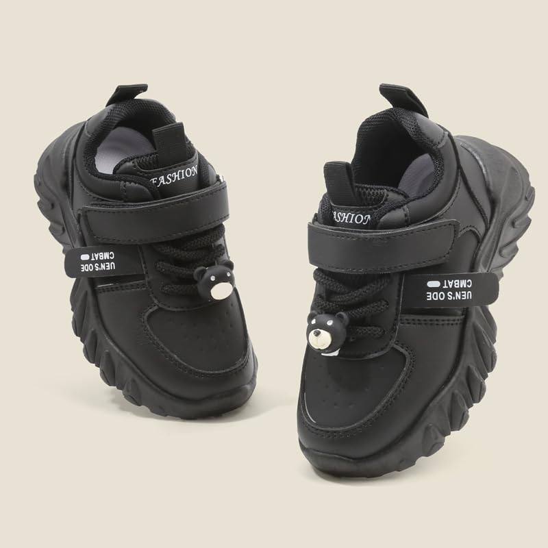 Kids Athletic Sneakers, Black Chunky Platform Shoes with Hook and Loop Strap, Non-Slip Sole4