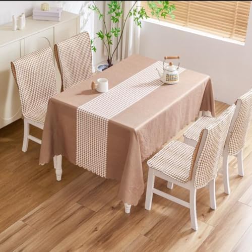 Image of HOMETHREADS Premium Cotton Chair Cover Set | Soft & Comfortable Seat Covers with Anti-Skid Non-Slip Backing + Waterproof Dining Table Cover (140x180 cm) (Beige Box,4 Chair Covers + 1 Table Cover)