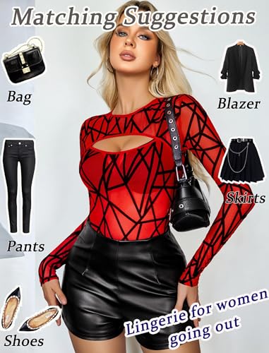 Image of GirlFriend Mesh Bodysuit for Women Long Sleeve Body Suit Sexy Tops Cut Out Leotard See Through Shirts Sheer Rave Outfits