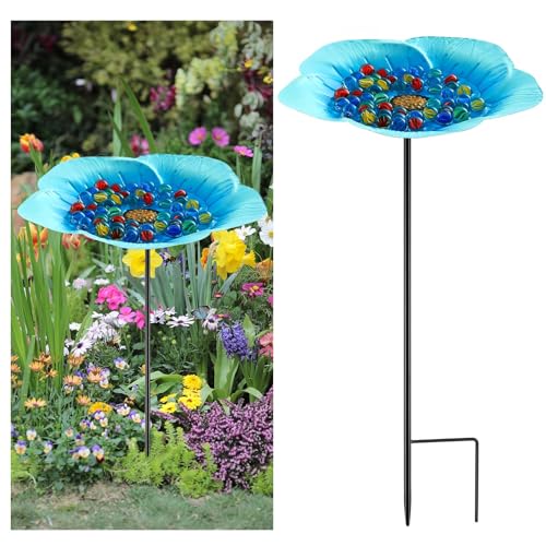 Tandefio Vivid Flower Bee Watering Station Metal Butterfly Water Feeder Cup with 30 Colorful Glass Marbles Bee Feeder Butterfly Bath Bowl for Garden Outdoor Yard Decors(Blue,Flower)