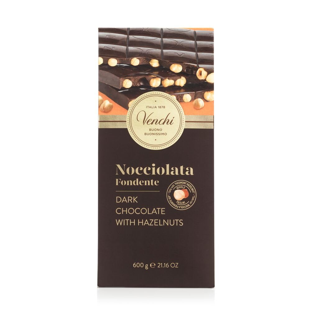 Venchi - Maxitableta de Chocolate Negro 60% con Avellanas del Piamonte IGP Enteras, 600 g - Sin Gluten- Vegano