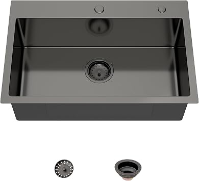 Mocoloo 28 Inch Gunmetal Black Drop in Kitchen Sink - 28" x 18" T304 Stainless Steel Handmade Single Bowl Round Corner Topmount 9" Deep Above Counter Basin