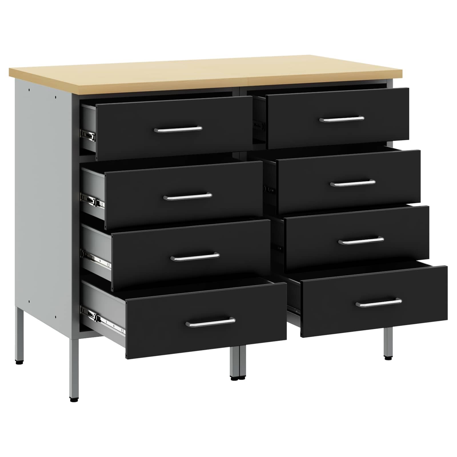 Banco da lavoro con cassetti, 2 pezzi, nero e grigio, 100 x 55 x 85 cm, armadietto da officina in legno e acciaio con telaio robusto, contenitore versatile per attrezzi, industriale