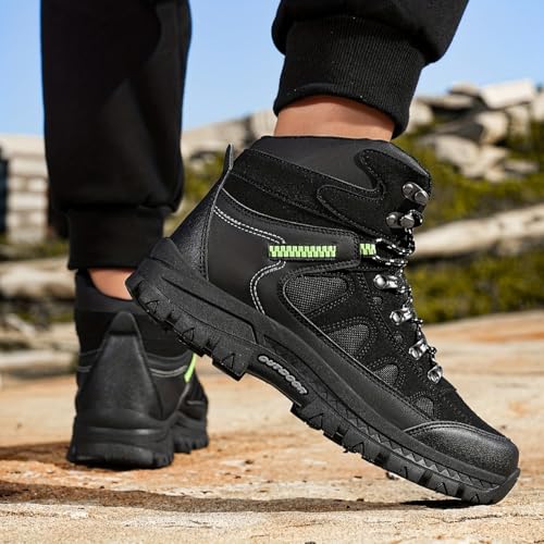 Men's High-Top Fashion Hiking Boots - Comfortable & Durable with Non-Slip TPR Sole, Lace-Up Closure, Green & Black Camouflage Pattern for Outdoor Adventures, All-Season Wear4