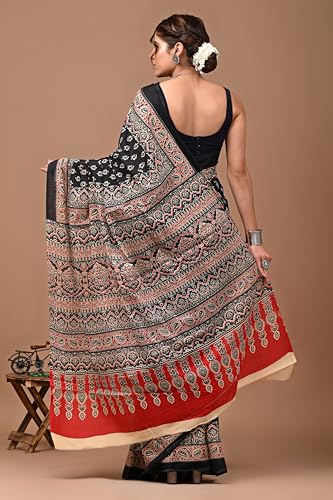Image of Crafts Moda Hand Block Ajrakh Print Cotton Saree for women with Blouse | Soft comfortable wear sari