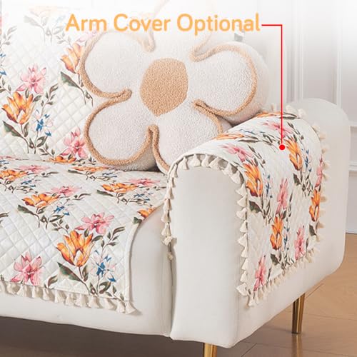 Image of HOKIPO Painterly Floral Quilted Sofa Cover for 2 Seater with Tassels for Seat & Back, 'Tassel Twigs' Series (IN-990-T8)