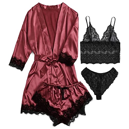 El Mejor Listado de Ropa de dormir los más recomendados. 44 Conjunto de Pijama para Mujer 4 Piezas, Pijamas de satén mujer, Ropa de Dormir de Seda con Robe Bata, Camisón de Encaje para Mujer, Camisón y Bata (MX/US, Alfa, X-Grande,...