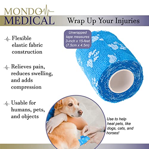 Mondo Medical Cohesive Bandage Wrap 6Pk - 3In X 15Ft Pet Bandage Tape Blue Self Adhesive Dressing Rolls With Paw Prints #TOP3