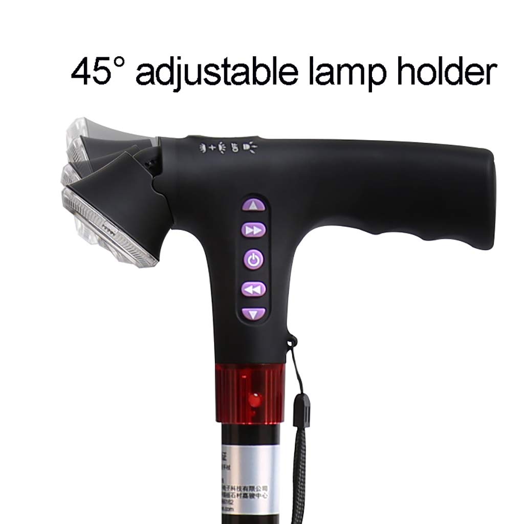 Bastón De Bastón Muletas Inteligente Inteligente De Múltiples Funciones, Bastón Telescópico Antideslizante con Luz LED Ajustable Smart Radio Alarm Muletas De Aluminio, Negro