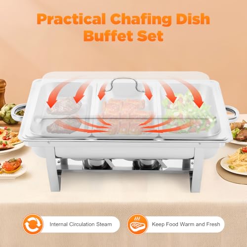 HUSPOO 9L Edelstahl Warmhaltebehälter Essen, 3 Grid Speisenwärmer, Mahlzeit Chafing Dish Profi Set, Buffetwärmer mit Faltbaren Beinen Wärmebehälter für Catering Buffet und Party – Bild 3