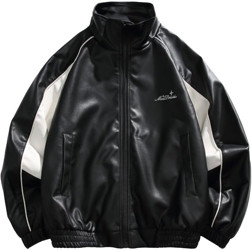 Unisex Faux Leather Track Jacket Oversized Streetwear Bomber Coat with Contrast White Panel & High Collar