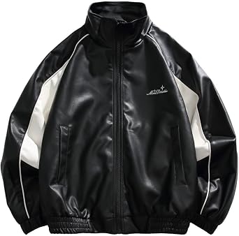 Unisex Faux Leather Track Jacket Oversized Streetwear Bomber Coat with Contrast White Panel & High Collar