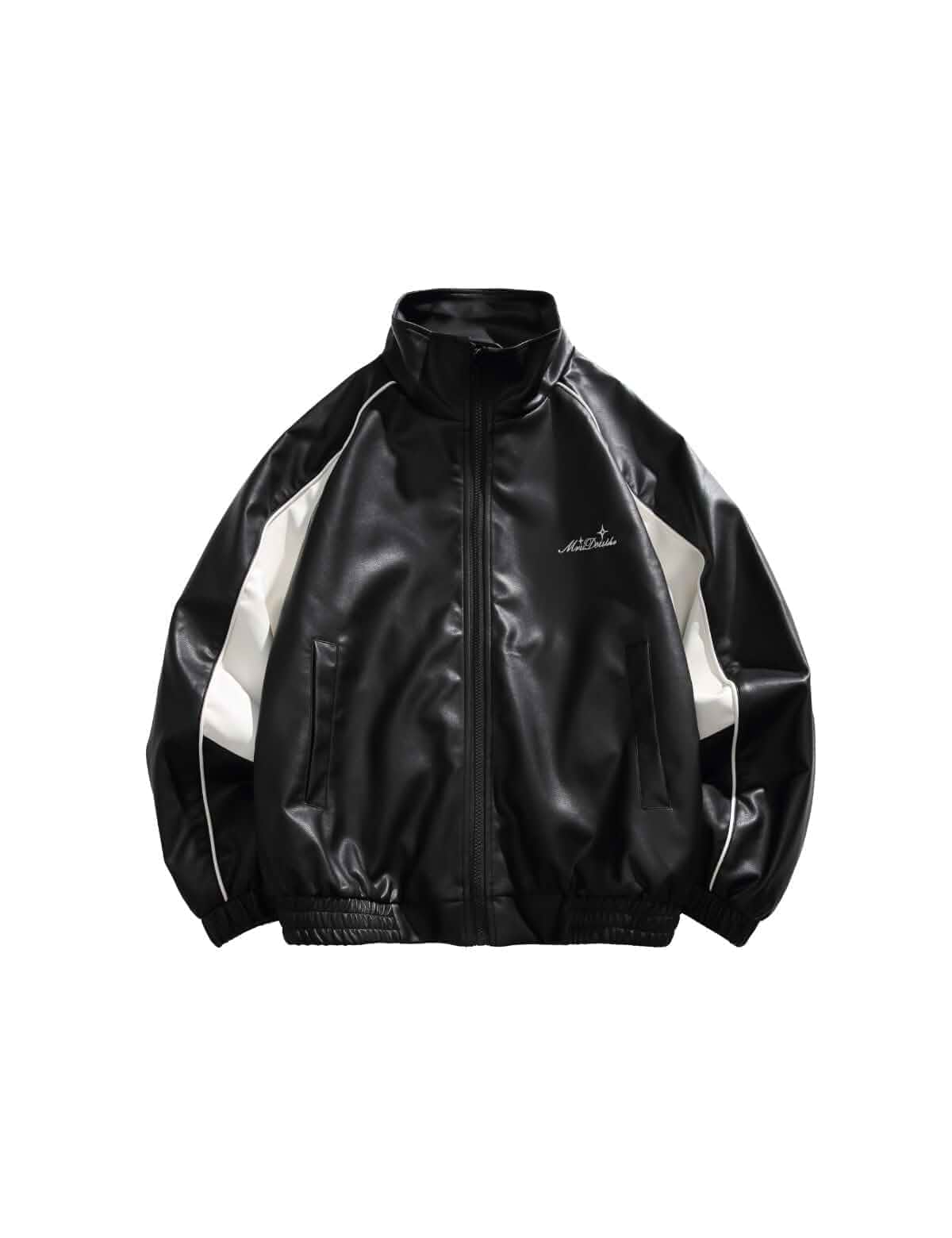 Fullneat Unisex Faux Leather Track Jacket Oversized Streetwear Bomber Coat with Contrast White Panel & High Collar