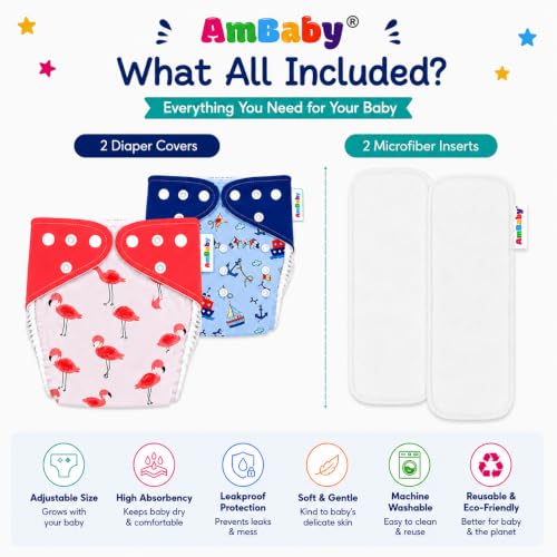 Image of Ambaby Pack of 4 Premium Pocket Cloth Diapers with 2 Diaper Covers & 2 High-Absorbency 4Layer Insert Pads. Leak-Proof, Adjustable, Breathable, Reusable & Washable. Fits Babies 3 Months-3 Years(3-18kg)