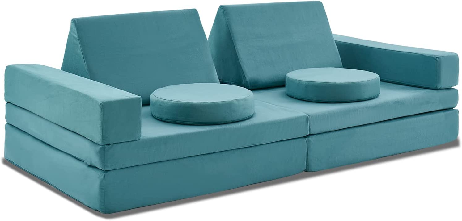 jela Couch Extended Size 10PCS with futons, Floor Sofa Modular Furniture for Kids and Adults, Foam Play Couch, Modular Sectional Sofa (Light Blue)