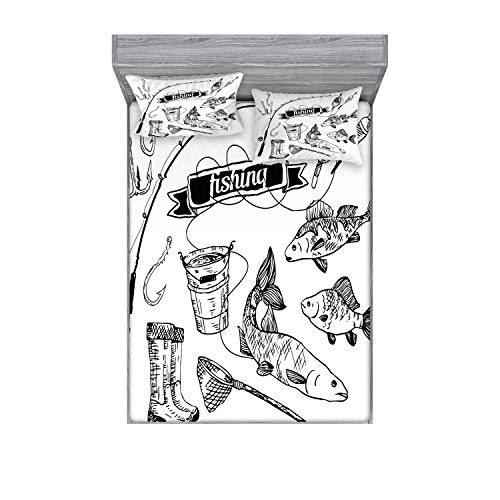 Ambesonne Fishing Fitted Sheet & Pillow Sham Set, Hand Drawn Tools Set Rod Salmon and Perch Bucket Net Float Ribbon Print, Decorative Printed 3 Piece Bedding Decor Set, Full, Black White