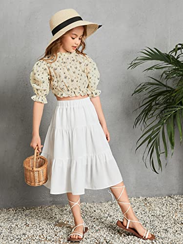 Floerns Girls Boho Floral Print High Waist Flare Hem Summer Long Skirt White Solid 11-12Y #TOP5