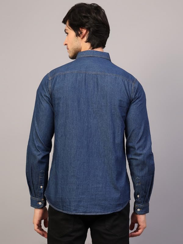 Image of Men's Denim Shirt with Regular Fit Solid Pattern Long Sleeve Collared Neck and Button Down Closure|Men Denim Shirt