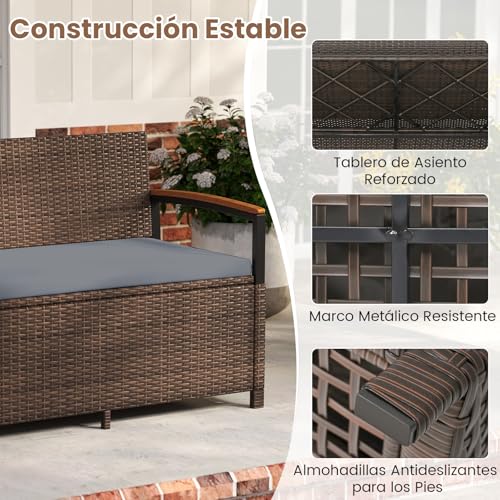 COSTWAY Banco de Almacenamiento Exterior Ratán, 175 L Baúl para Terraza con Cojín, Respaldo y Reposabrazos de Madera de Acacia, Sofá de Mimbre PE con Almacenamiento Oculto y Bolsa Impermeable (Gris) - imagen 5