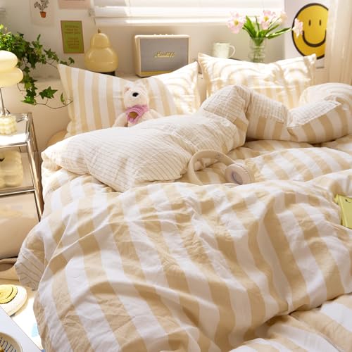 Image of EAVD Beige Striped Duvet Cover King Soft Washed Microfiber Striped Reversible Bedding Set with 2 Pillowcases Modern Farmhouse Geometric Pattern Duvet Cover with Zipper Closure