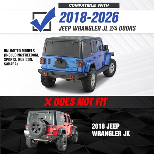 Image of for Wrangler JL Rear Bumper Compatible with 2018 2019 2020 2021 2022 2023 2024 2025 2026 Jeep Wrangler JL JLU Unlimited Off-Road Bumper with 2 inch Standard Hitch Receiver, 2 x LED Lights & D-Rings