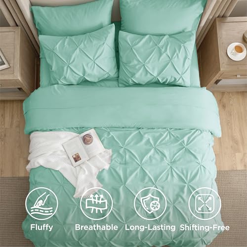 Image of Bedsure Full Comforter Set Mint Green - Bed in a Bag Full Size Bedding Set 7 Pieces, GentleSoft Pintuck Bed Set Gift for Family, All Season Down Alternative Comforter with Sheets, Pillowcases & Shams