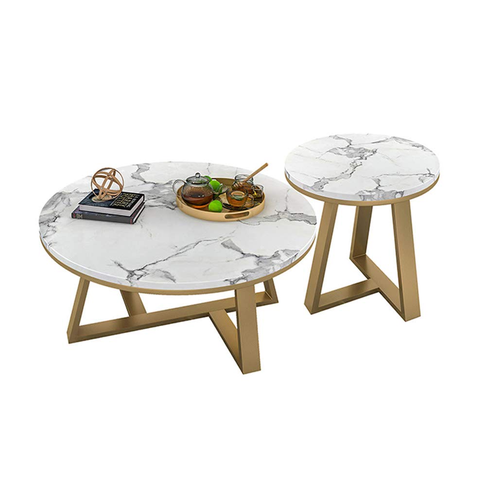 YIKE-Coffee Table Wrought Iron Coffee Table Combination/White Marble Round Table Set of 2, 180 ° C High Temperature Nano Baking Process, for Living Room, Small Apartment