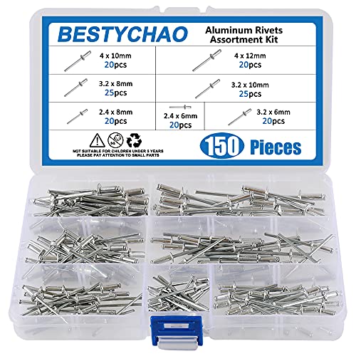 BESTYCHAO 150pcs 7 Sizes Aluminum Blind Rivets, Pop Rivets Assortment Kit