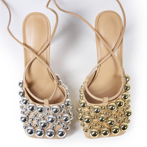 Image of Saint Leia Women's 4IN High Heel Sandals Nude Stiletto Pumps with Gold Silver Pearls Heels for Weddings Parties and Evening Wear
