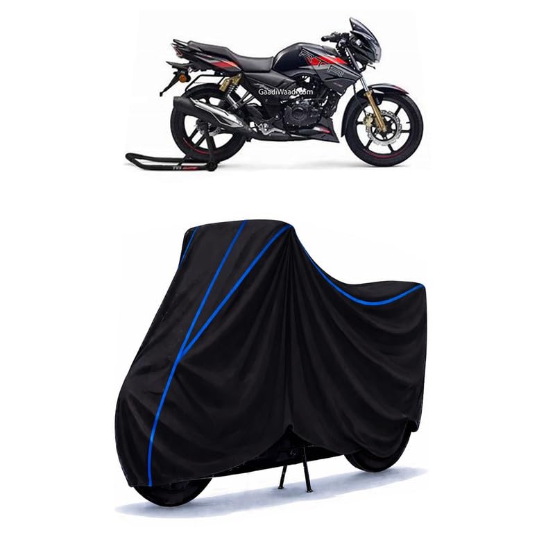 Image of TVS Apache RTR 125 Bike Cover Water Resistant Universal Motorcycle Rain | Heavy Duty UV Protection, Dust, Scratch Indoor Outdoor All Weather with Black Blue Piping Elastic