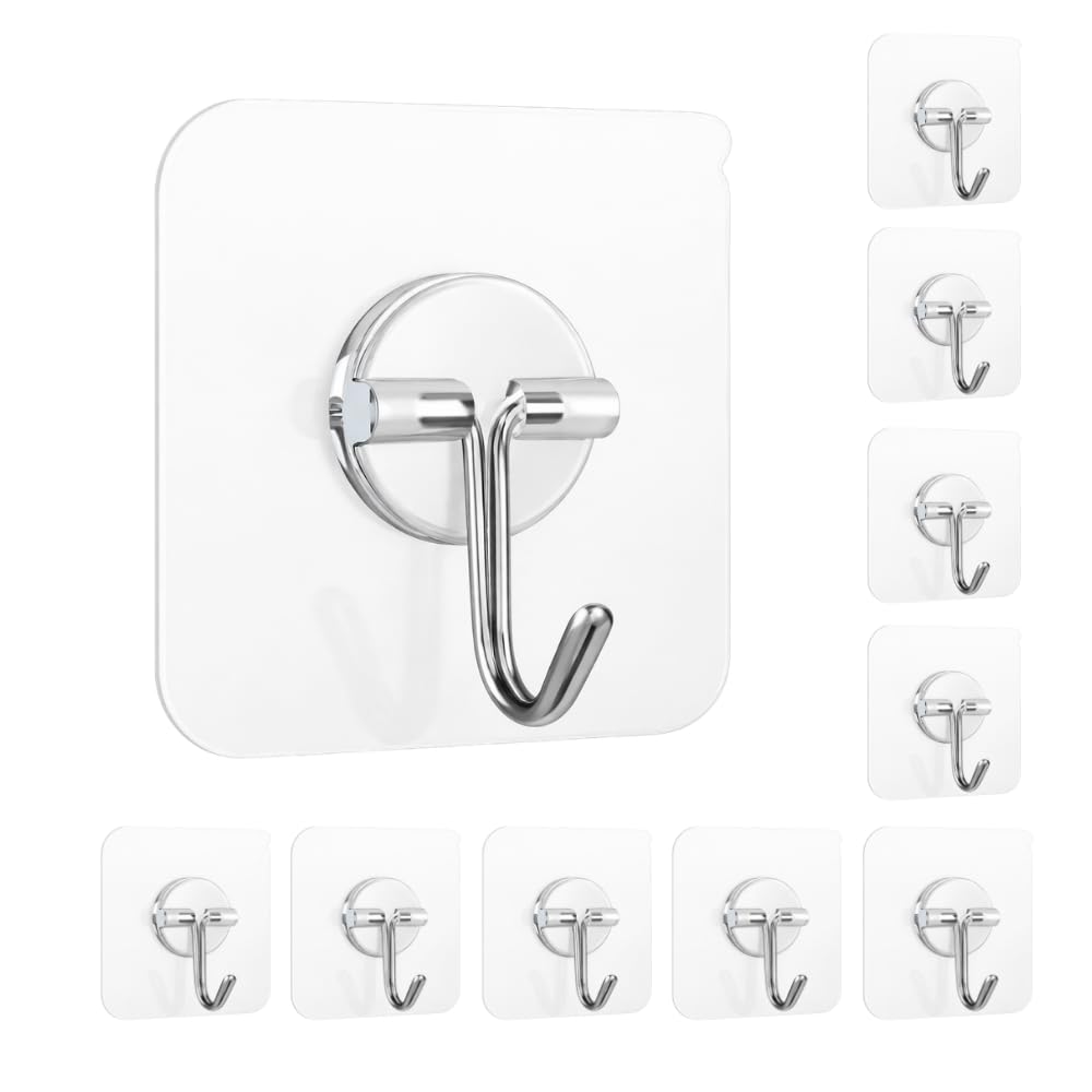 Hanging Hooks Without Drilling, 10 Pack Self Adhesive Hooks for Wall Heavy Duty Strong Nail Free, Kitchen Accessories Items (Hanging Hook, Transparent) Stainless Steel-picture-26