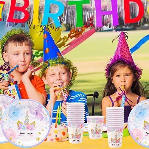 BLLREMIPSUR 16 Gäste Einhorn Geburtstag Geschirr Kit mit Pappteller Tassen Servietten, Einhorn Partyzubehör Geburtstagsdeko Set für Kinder Geburtstagsparty Baby Shower Hochzeit