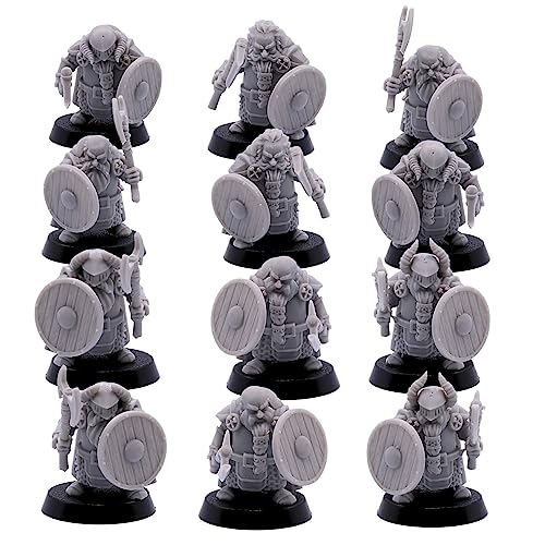 Jeu de miniatures Dwarf Longbeards - 12 nains avec hache et bouclier pour RPG fantaisie | Modèles de jeux de guerre à l'échelle de 28 mm | DnD, Pathfinder, jeux de société | Miniatures Kyoushuneko |