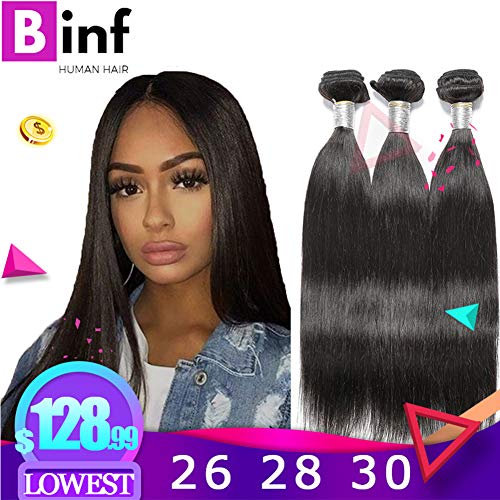 BINF Hair Brazilian Straight Hair 3 Bundles 26 28 30 100% Unprocessed Brazilian Virgin Human Hair Extensions Mixed Length 95g-100g Per Bundle (26 28 30, Natural Color)