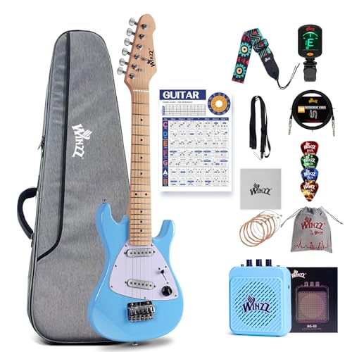 Winzz 30 Inch Kids Electric Guitar Beginner Kit, Junior 1/4 Size Mini Electric Guitar for Children Complete Stater Set with Amp, Gloosy Blue Colour