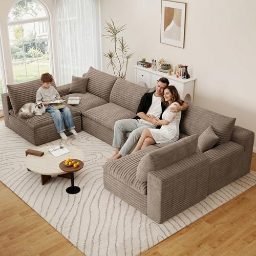 Image of 136 inch Cloud Couch Modular Sectional Sofa for Living Room, U-Shape Boneless Couch with Deep Seat, Modern Corduroy 6-Seater, No Assembly Required, Camel