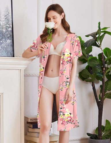 Image of Ekouaer Women Robes Lightweight House Coat Short Sleeve Floral Print Mumu House Dresses with Pockets Zipper Nightgowns