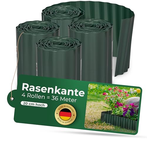 Novatool Rasenkante Kunststoff 20 cm hoch I 4x9 Meter I Grün I Garten Abgrenzung Teichrandband Beetwege Zierzaun Gartenstein Umrandung Gartenumrandung Rasenkantenprofile Vorgartenzaun
