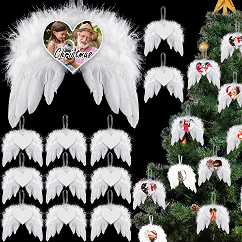 Christmas White Angel Wings Ornament Hanging, Feather Hanging Decor With Sublimation Blank Pendants For Christmas Tree Crafts Angel Wings Xmas Decor (Heart Style, 24 Pcs) #TOP4