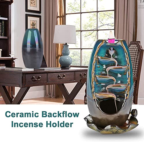 XinXu Incense Burner,5 in 1 Ceramic Backflow Waterfall Incense Holder with 170 Incenses, Aromatherapy Ornament Home Decor with 120 Cones,30 Stick,20 Coil Incense,3 Artificial Lotus Leaf,1 Cushion - Thumbnail 2