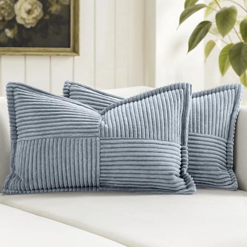 Image of MIULEE Decorative Lumbar Throw Pillow Covers for Couch Bed Livingroom 12x20 Inch Set of 2 Dustyblue Boho Accent Throw Pllows Broadside Striped Patchwork Soft Corduroy Pillowcases
