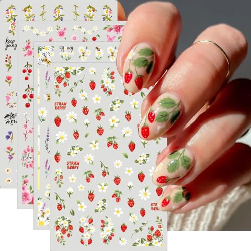 Flower Nail Art Stickers Strawberry Flowers Plant Leaf Bees Nail