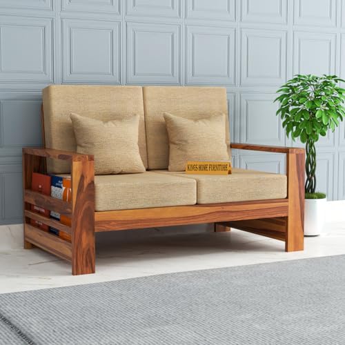 Image of Sheesham Wooden 2 Seater Sofa for Living Room | Rosewood 2 Seater Cushion Sofa with Side Rack | Solid Wood Sofa Set for Lounge (2 Seater,Honey)