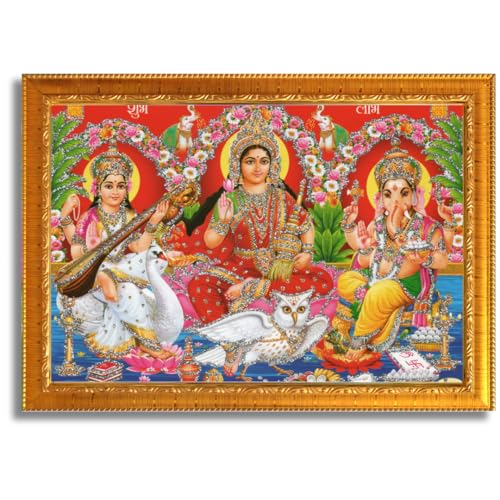 Image of CRAFT QUEST Lakshmi Devi with ganesh ji and saraswati mata Wall Painting Photo Frame for Diwali Pujan (Synthetic, Golden, Sparkle Finish, Small Size, 8 X 6 Inch)