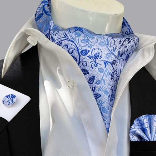 Image of DiBanGu Mens Silk Ascot Ties Paisley Jacquard Woven Cravat and Pocket Square Cufflinks with Lapel Pin for Business Wedding