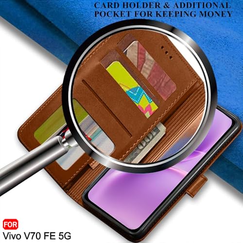 Image of TheGiftKart Genuine Leather Finish Flip Back Cover Case for Vivo V70 FE 5G | Inbuilt Pockets & Stand | Wallet Style | Designer Button Magnet Flip Back Cover Case (Faux Leather, Brown)