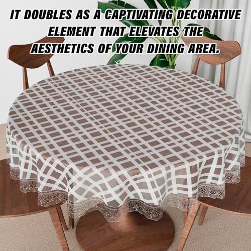 Image of Kuber Industries Round Table Cover | PVC 4 Seater Table Cloth for Round Tables | Self Check Kitchen Dining Tablecloth | 60 Inch | White