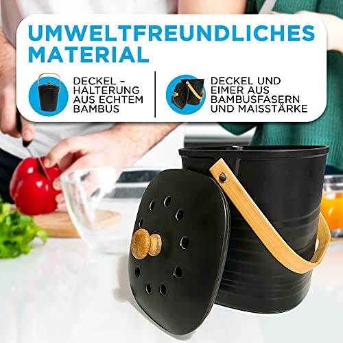 KESSELBACH ® Komposteimer mit Deckel Schwarz - Geruchsdicht durch Aktivkohlefilter - Biomülleimer Küche - Premium aus echtem Bambusfaser - Küchenabfalleimer für Biomüll - Kompostbehälter Elegant - Image 4
