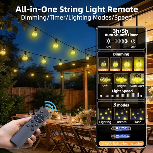 FUANXIEI 100FT Solar Lights Outdoor Waterproof: G40 30M Shatterproof Bulbs Patio Lights - Solar Powered Remote Control 3 Light Modes Dimmable Solar Light - Camping Backyard Garden Deck Outside Yard by FUANXIEI - Image 2
